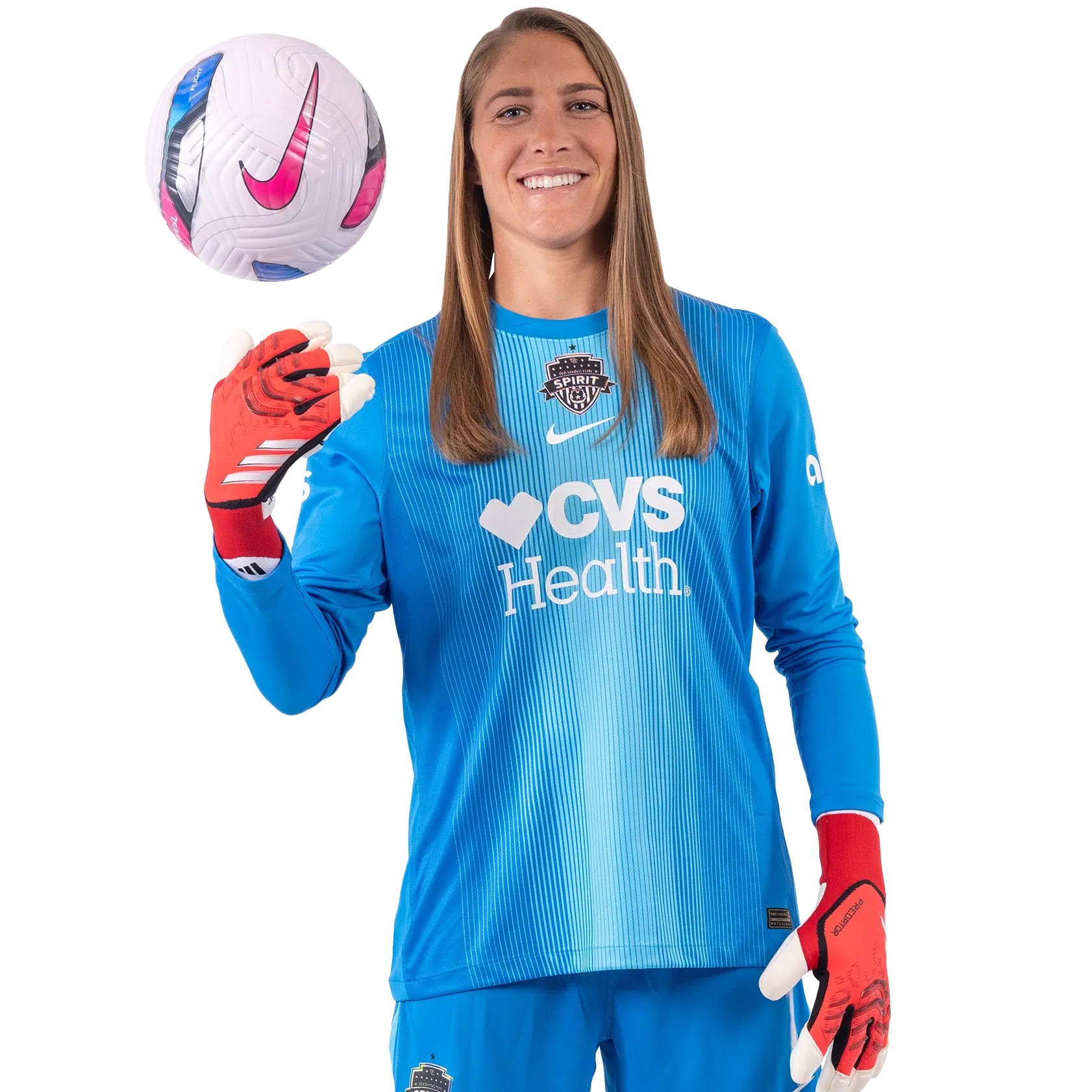 Aubrey Kingsbury in a blue goalkeeper kit.