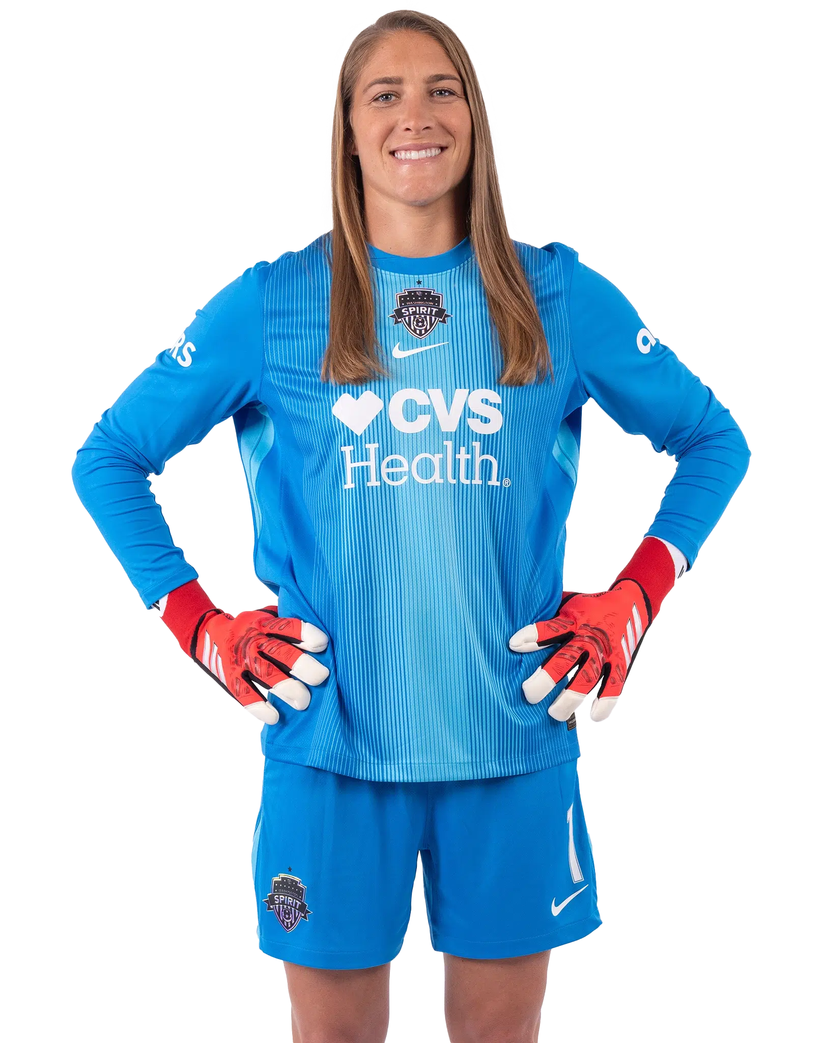 Aubrey Kingsbury in a blue goalkeeper kit.