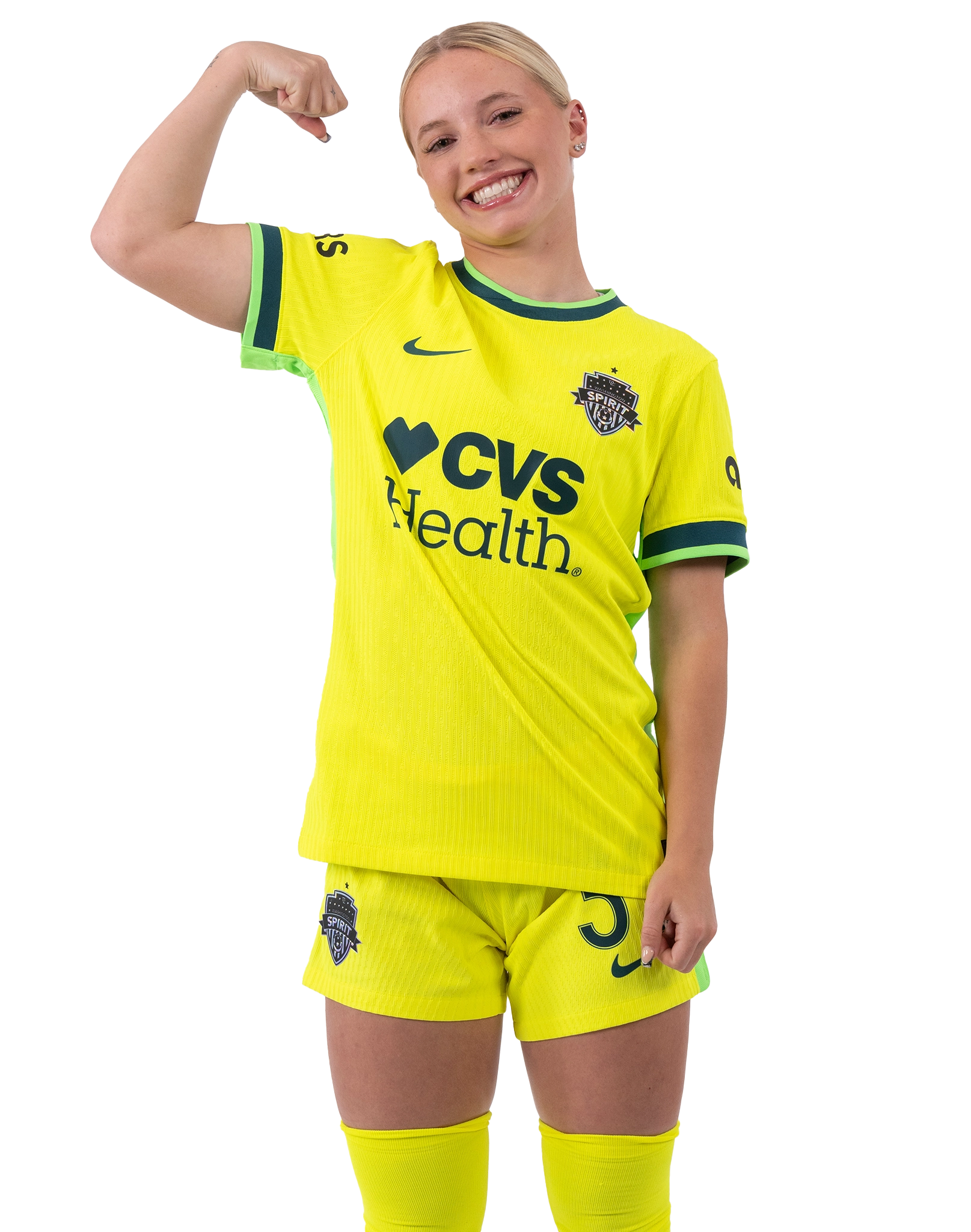 Chloe Ricketts flexes her biceps in a yellow Spirit kit.