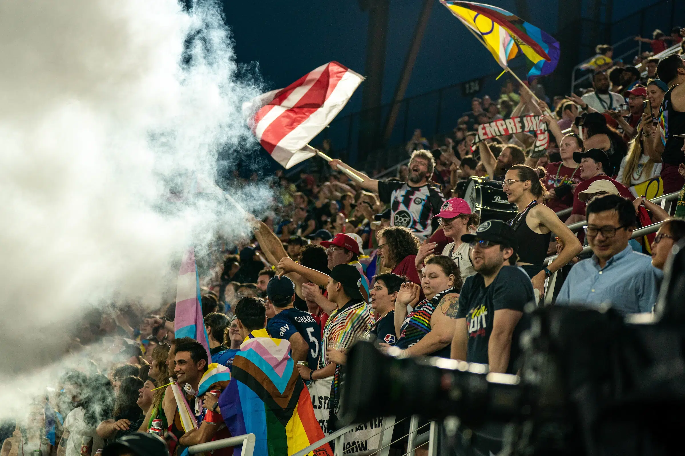 Rainbow flags and a DC flag are waved above a large group of fans as smoke machines release vapor.