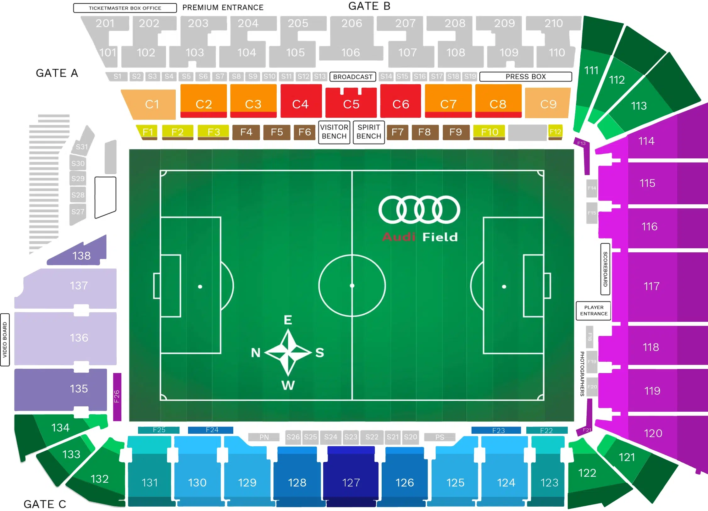 A seating map of Audi Field with different colors highlighting different sections of the stadium.