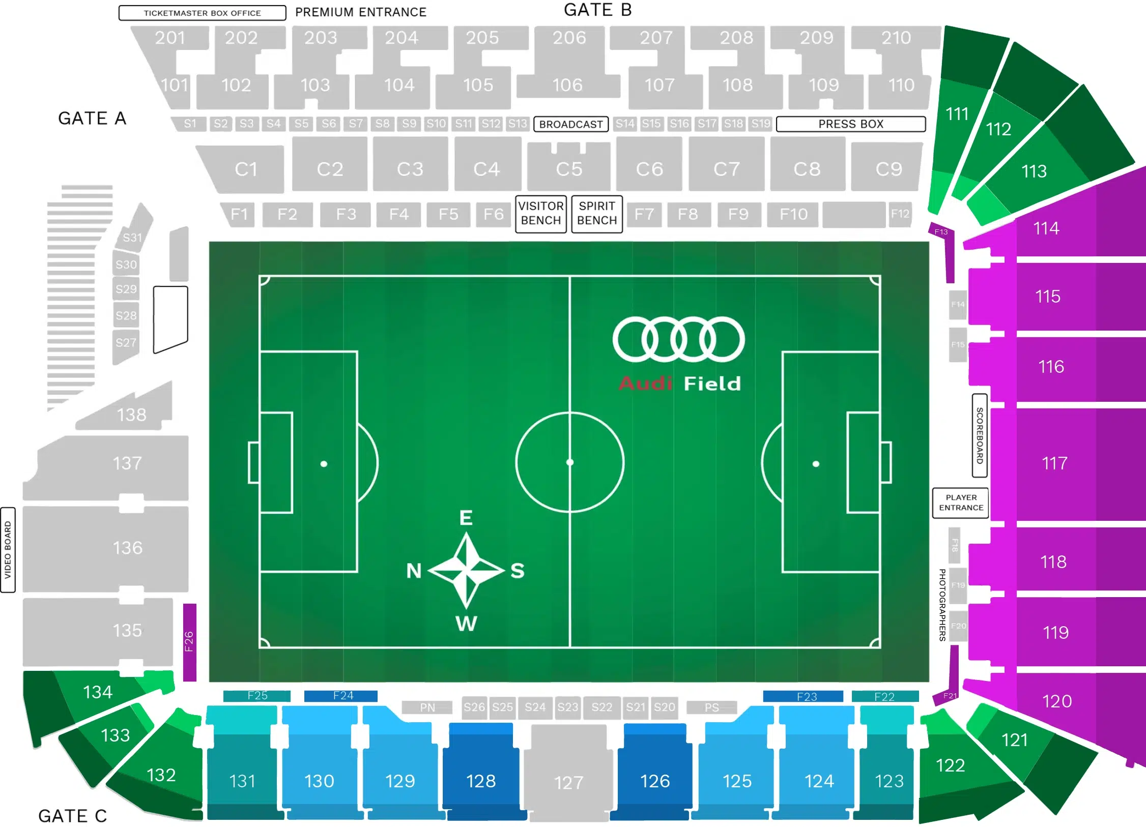 A seating chart of Audi Field with sections color-coded.