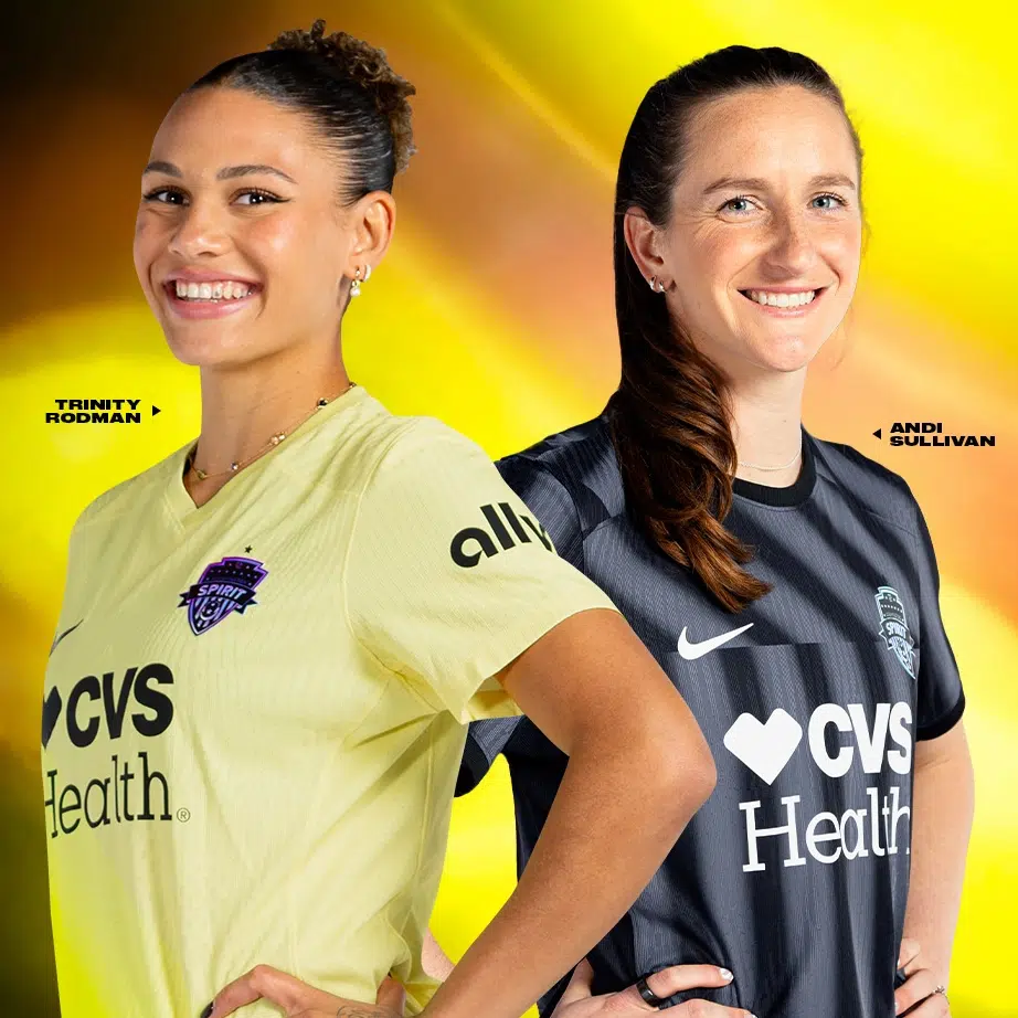 Trinity Rodman in a yellow jersey, Andi Sullivan in a black and gray jersey.