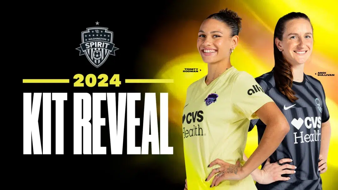 2024 Kit Reveal. Trinity Rodman in a yellow jersey, Andi Sullivan in a black and gray jersey.