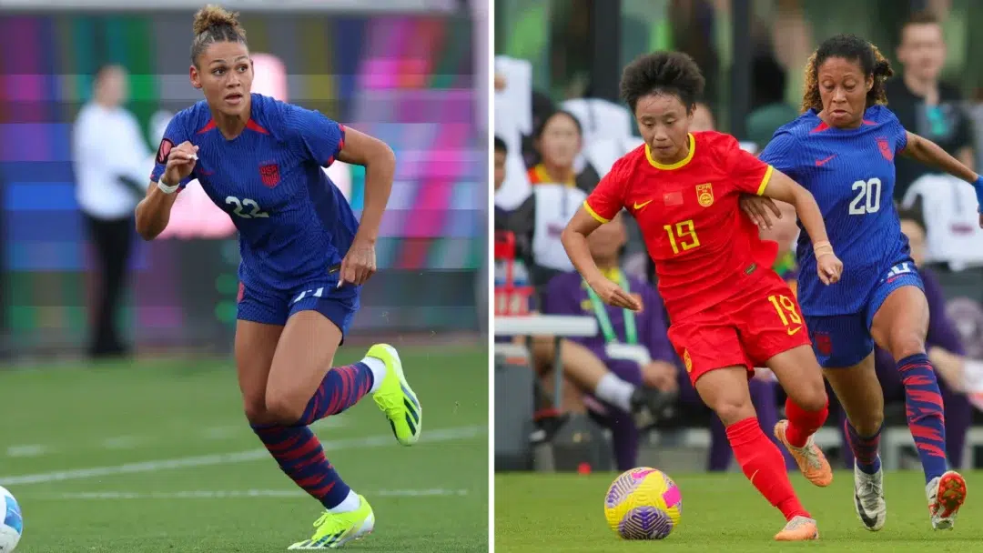 On the left, Trinity Rodman dribbles the ball in a USWNT shirt. On the right, Casey Krueger tracks down an opposing player.