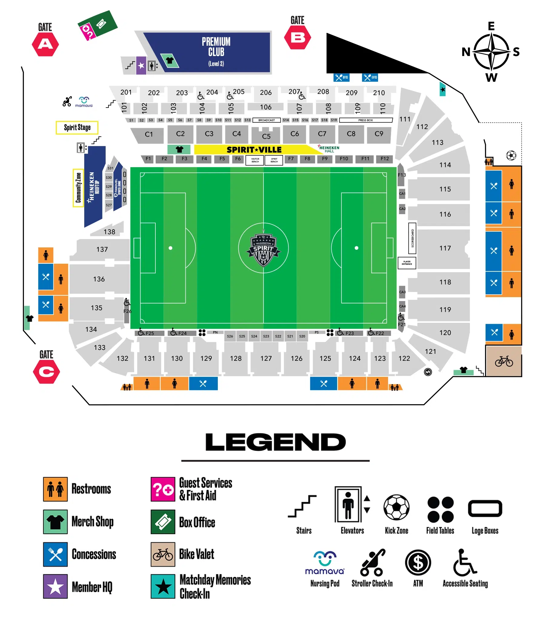 A map of Audi Field detailing section numbers, bathroom locations, and merch stands.