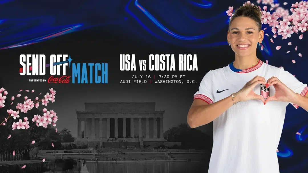Send Off Match: USWNT vs. Costa Rica. Trinity Rodman in a white USWNT kit with her hands in the shape of a heart over the U.S. Soccer crest.