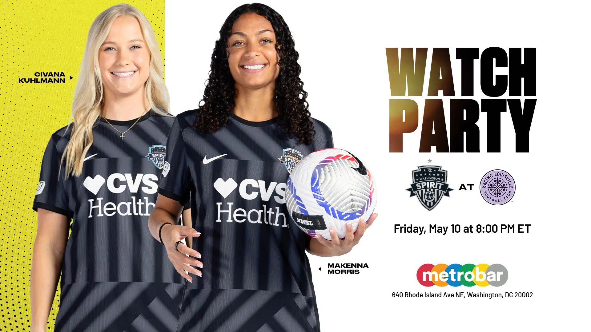 You’re Invited: Washington Spirit vs. Racing Louisville FC Watch Party with Civana Kuhlmann & Makenna Morris at metrobar Featured Image
