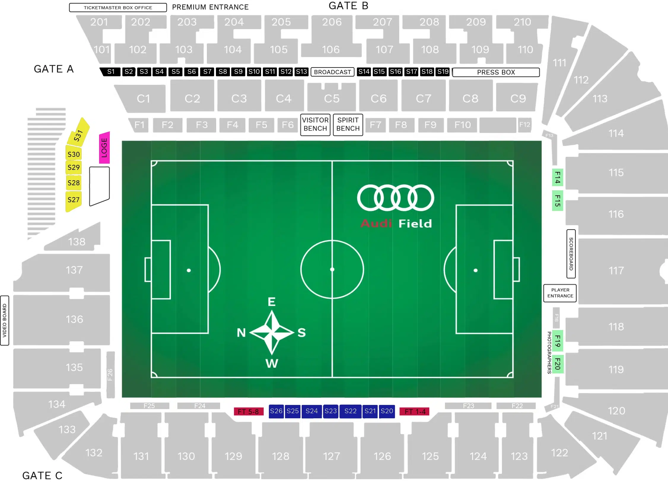 A map of Audi Field with premium spaces highlighted.