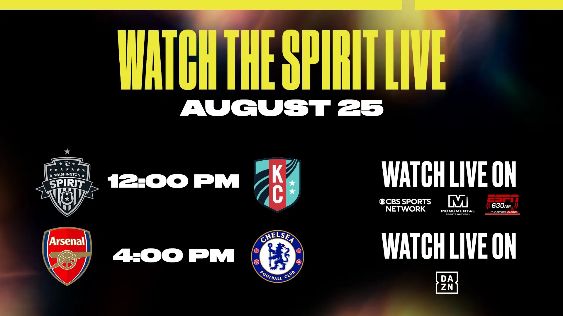 How to Watch Sunday’s Doubleheader: Washington Spirit vs. Kansas City Current, Arsenal vs. Chelsea Featured Image