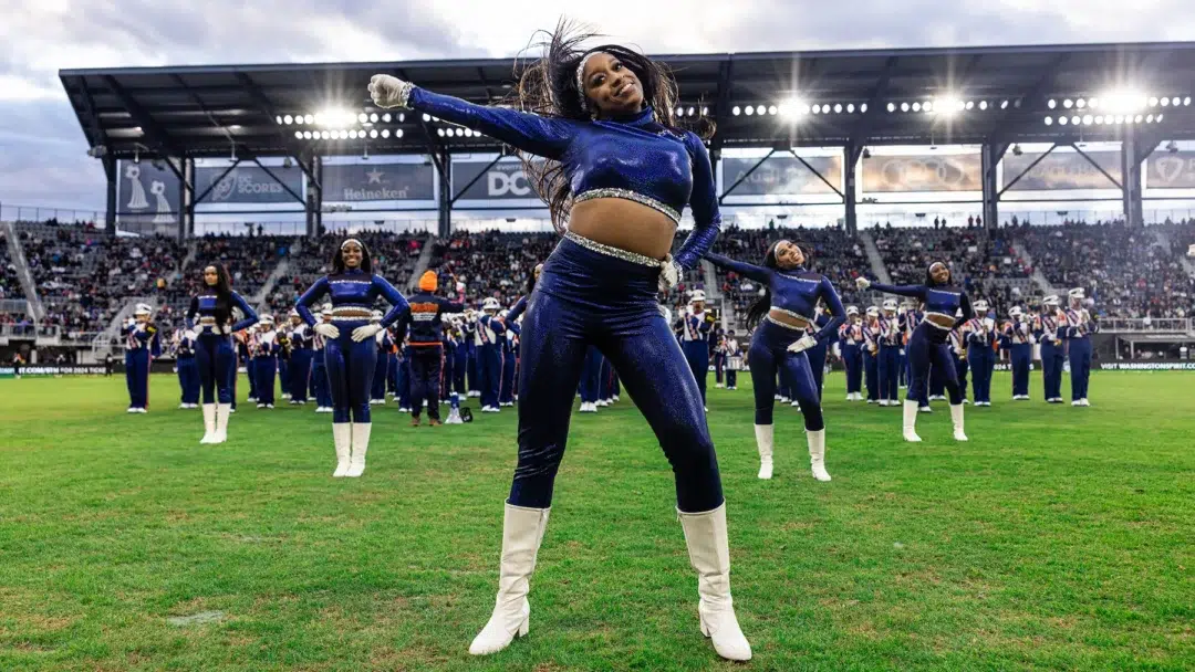 Members of the Morgan State University Marching Band perform.