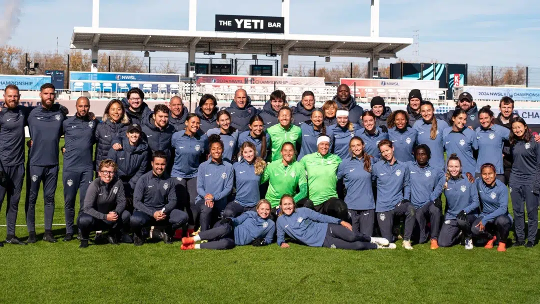 The Washington Spirit pose for a photo at their final training before the championship