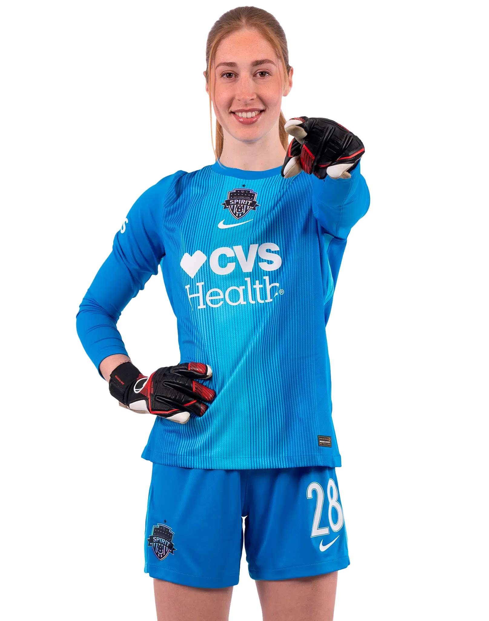 Sandy MacIver in a blue Spirit goalkeeper kit.