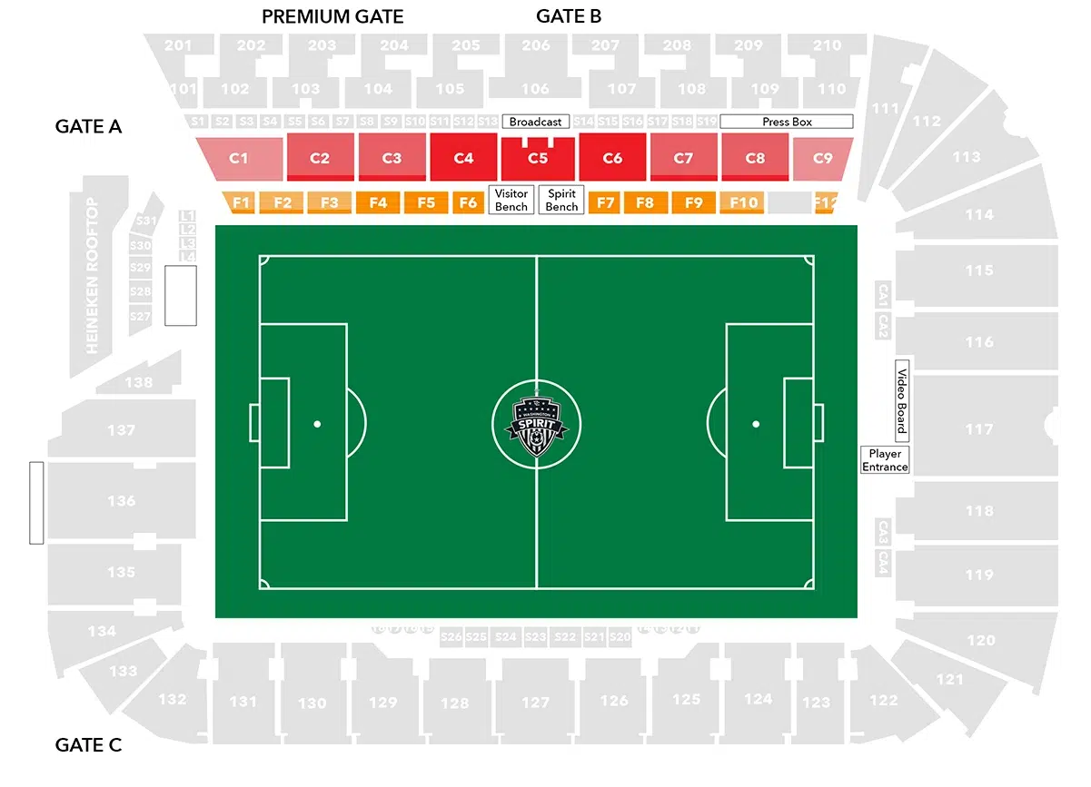 A map of Audi Field with Field Side and Club Level seats highlighted in red and orange.