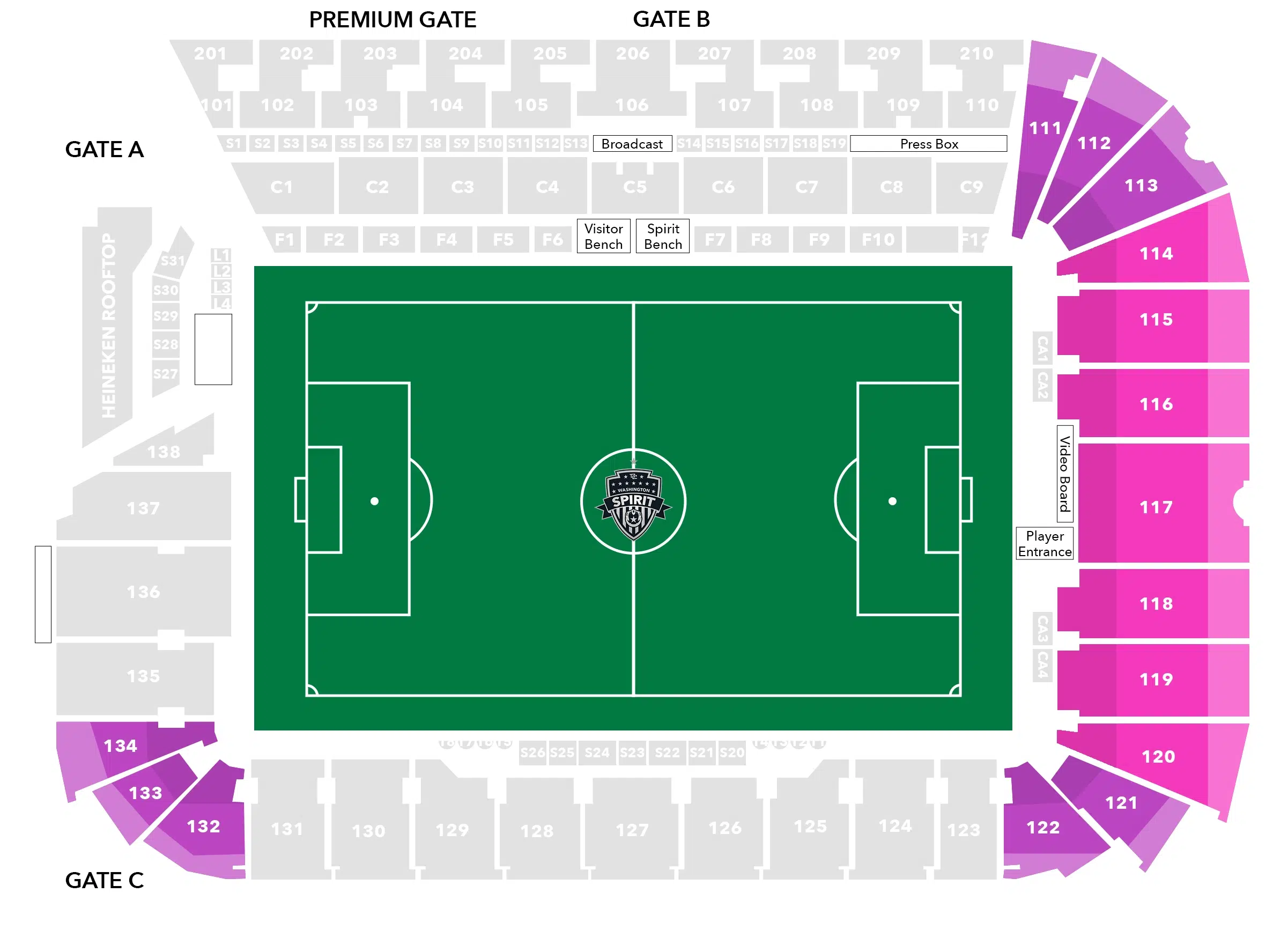 A map of Audi Field with the corners and endline highlighted in pink and purple.