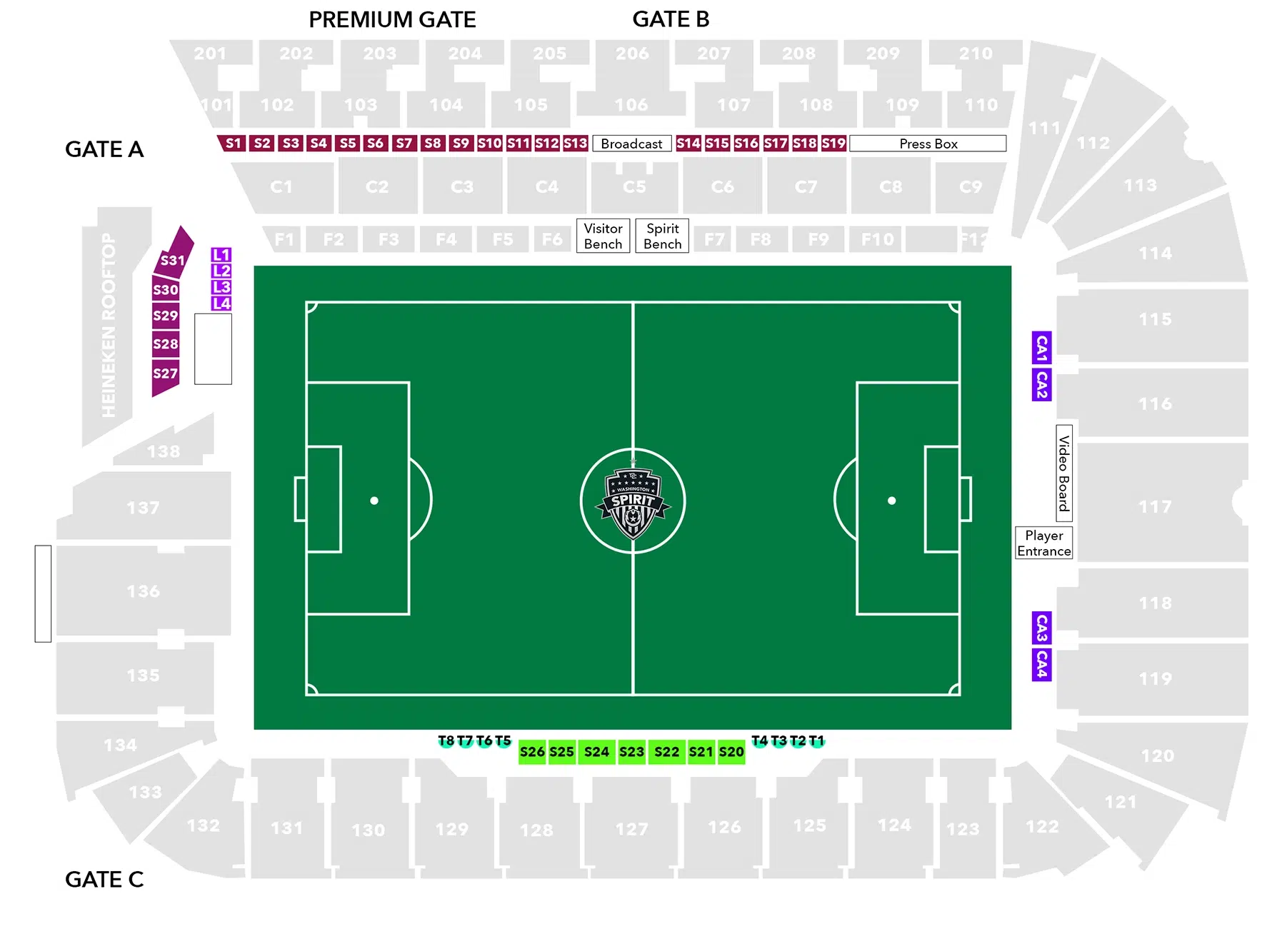 A map of Audi Field with premium spaces highlighted