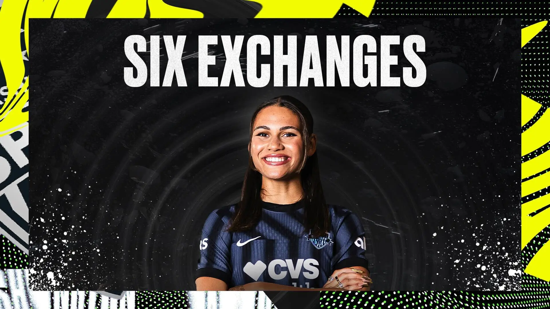A player posing with text of "six exchanges"
