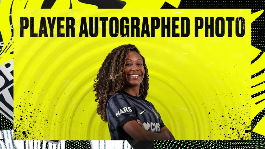 A player posing with text of "Player Autographed photo"
