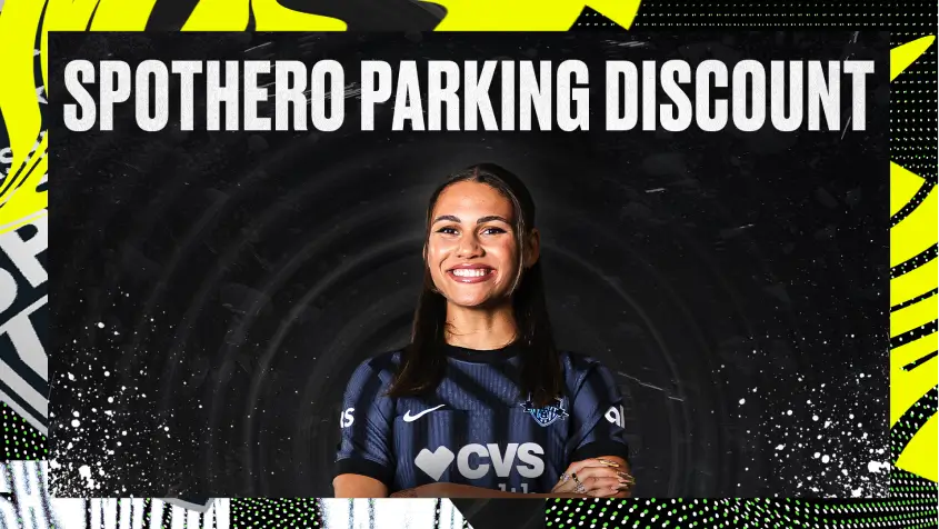 A player posing with text of "spothero parking discount"