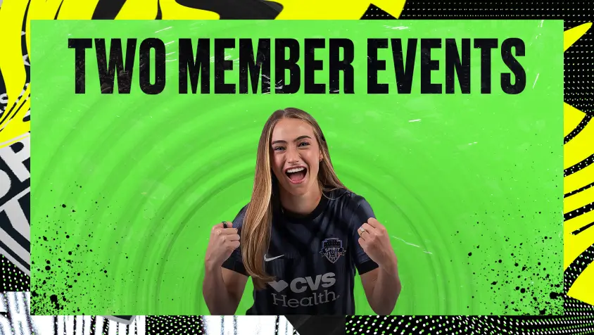 A player posing with text of "two member events"
