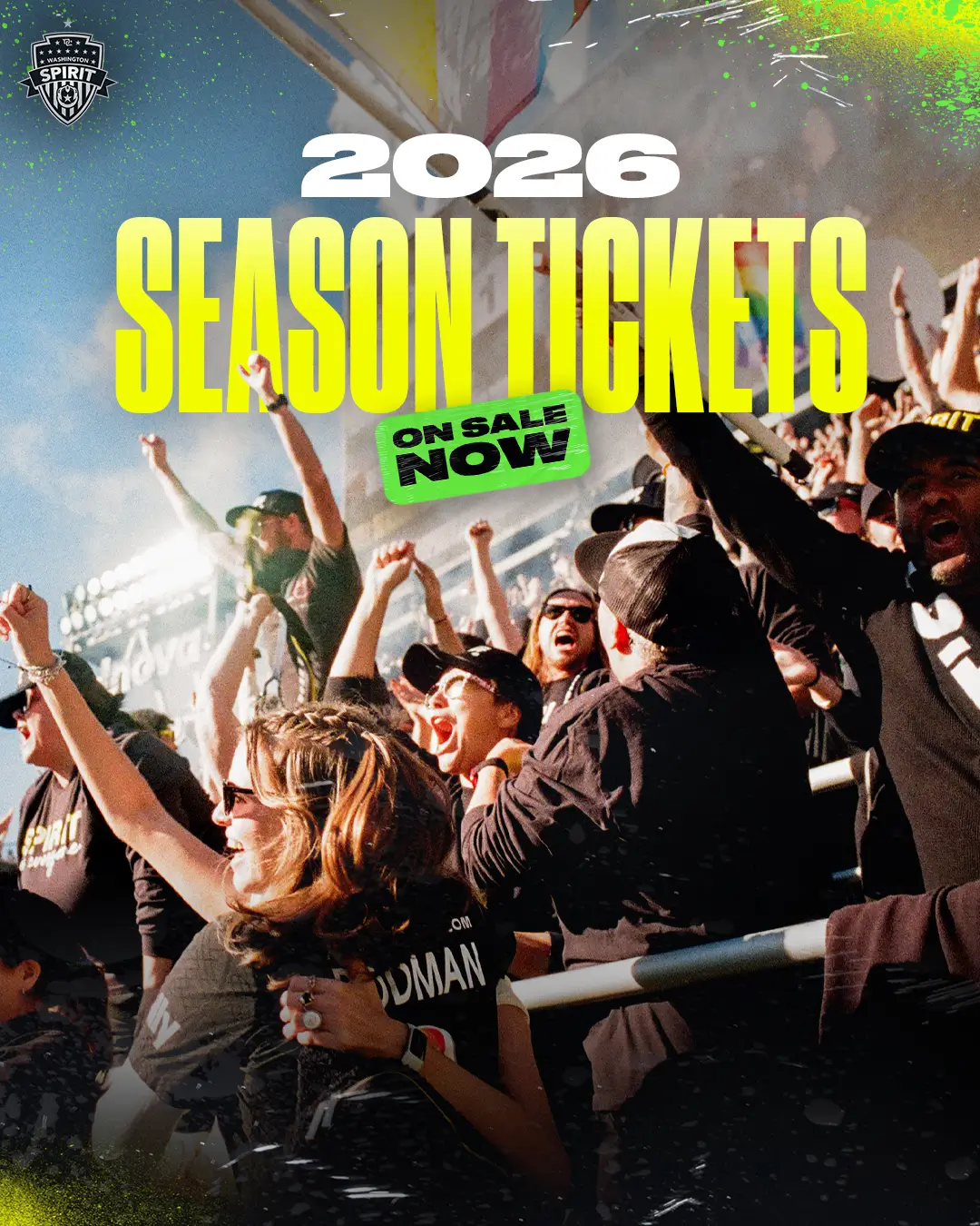 Fans cheering with text of 2026 season tickets on sale now