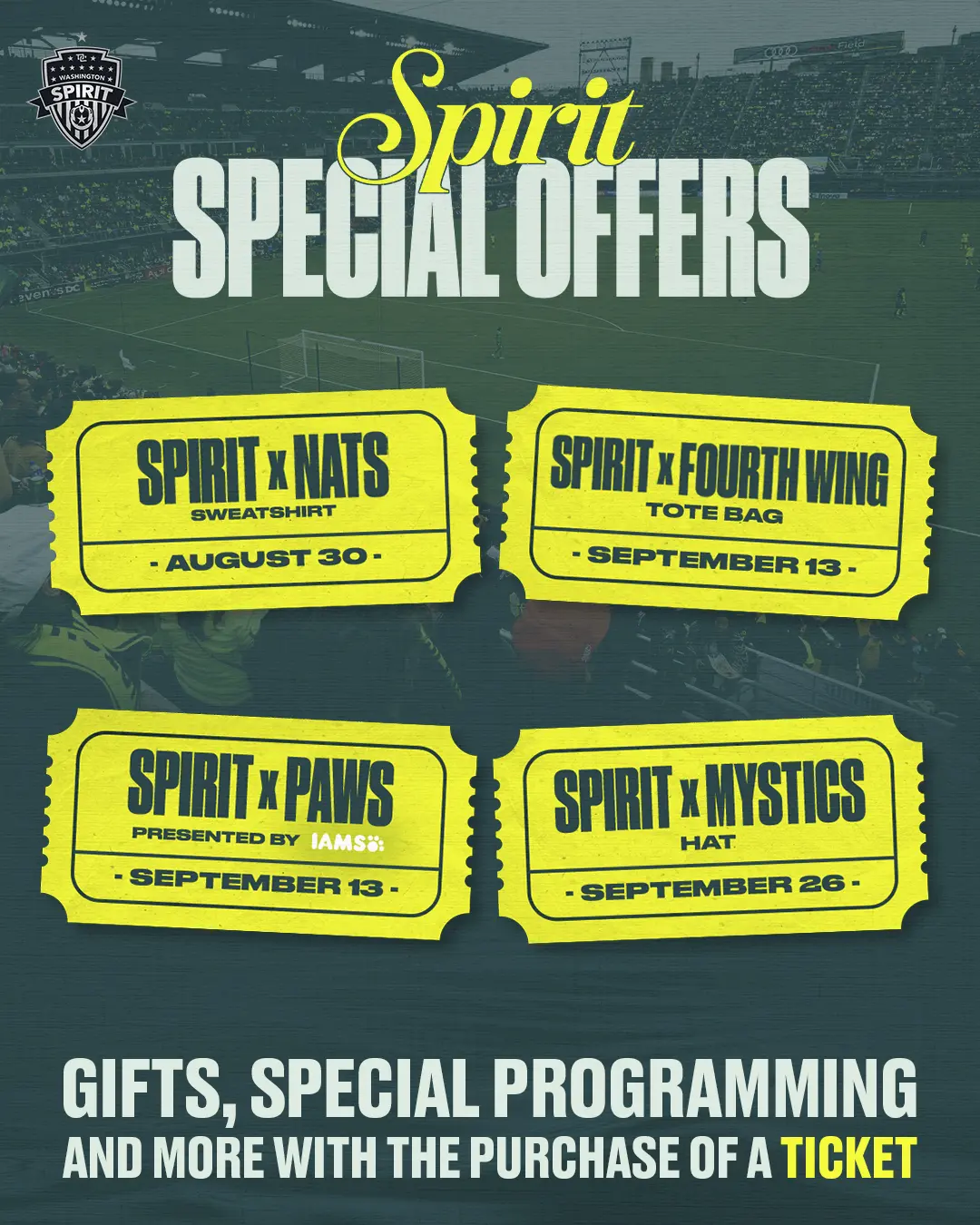Washington Spirit graphic for special offers for purchasing a ticket